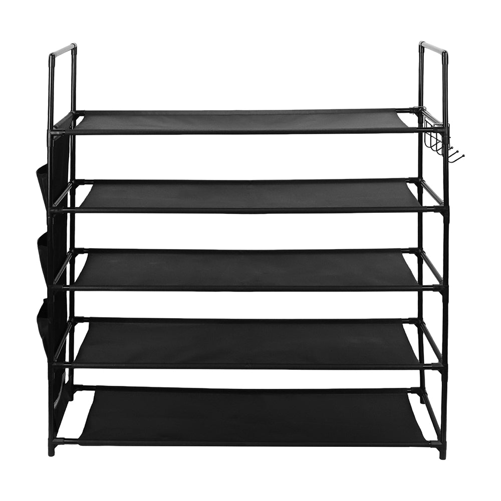 5-tier shoe rack with metal frame, fabric shelves, side pockets and hooks for entryway shoe storage