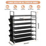 7-tier shoe rack with metal frame, fabric shelves, side pockets and hooks for vertical shoe storage