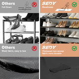 7-tier shoe rack with metal frame, fabric shelves, side pockets and hooks for vertical shoe storage