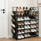 7-tier shoe rack with metal frame, fabric shelves, side pockets and hooks for vertical shoe storage