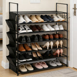 7-tier shoe rack with metal frame, fabric shelves, side pockets and hooks for vertical shoe storage