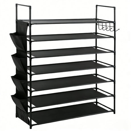 7-tier shoe rack with metal frame, fabric shelves, side pockets and hooks for vertical shoe storage