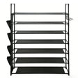 7-tier shoe rack with metal frame, fabric shelves, side pockets and hooks for vertical shoe storage
