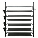 7-tier shoe rack with metal frame, fabric shelves, side pockets and hooks for vertical shoe storage