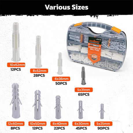 332-piece wall plug assortment kit with multiple sizes plastic wall anchors stored in a portable organizer case for concrete, brick, drywall and wood walls