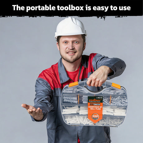 332-piece wall plug assortment kit with multiple sizes plastic wall anchors stored in a portable organizer case for concrete, brick, drywall and wood walls