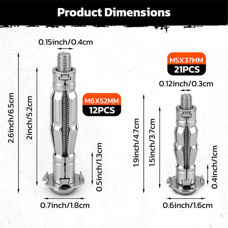 33 piece hollow wall anchor kit with m5 m6 metal expansion anchors for drywall plasterboard shelves mirrors and curtain poles