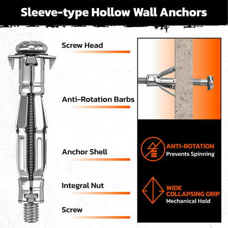 33 piece hollow wall anchor kit with m5 m6 metal expansion anchors for drywall plasterboard shelves mirrors and curtain poles
