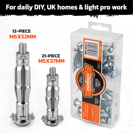 33 piece hollow wall anchor kit with m5 m6 metal expansion anchors for drywall plasterboard shelves mirrors and curtain poles