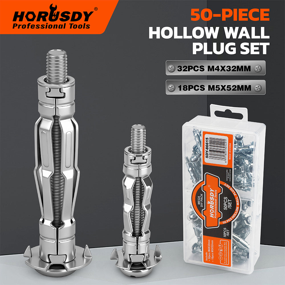 50-piece hollow wall anchor set with metal expansion anchors for drywall and plasterboard fixing