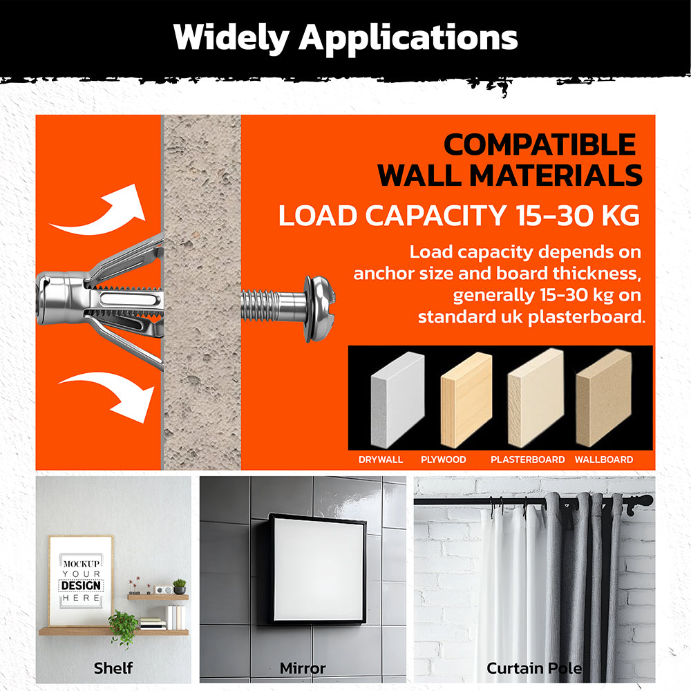 50-piece hollow wall anchor set with metal expansion anchors for drywall and plasterboard fixing