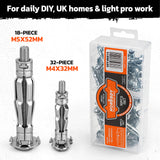 50-piece hollow wall anchor set with metal expansion anchors for drywall and plasterboard fixing