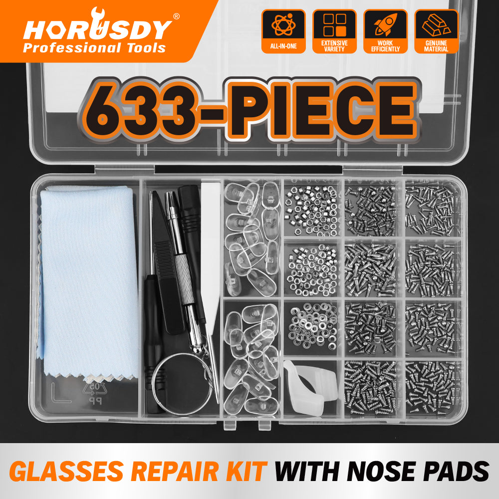 HORUSDY 633pcs eyeglasses repair kit with screws, nose pads, mini screwdrivers and tweezers for glasses and sunglasses repair