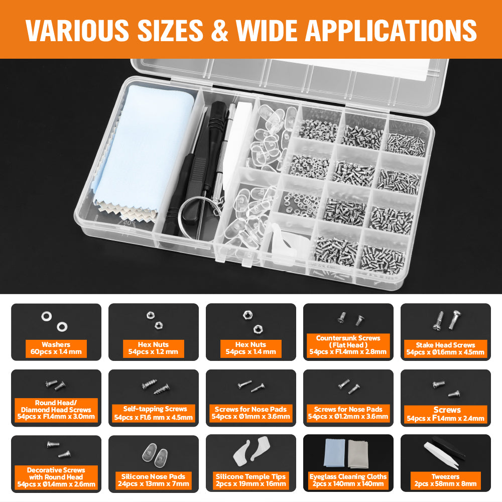 HORUSDY 633pcs eyeglasses repair kit with screws, nose pads, mini screwdrivers and tweezers for glasses and sunglasses repair