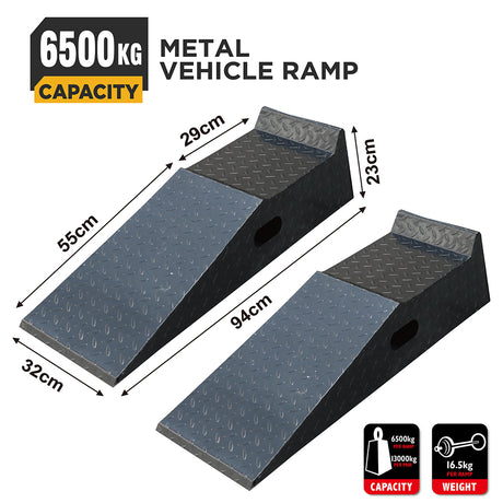 heavy duty metal vehicle ramps 2 pack with 6500kg per ramp capacity, 94cm steel loading ramps, anti-slip diamond plate surface and side handles for cars, trucks, forklifts and warehouse service work