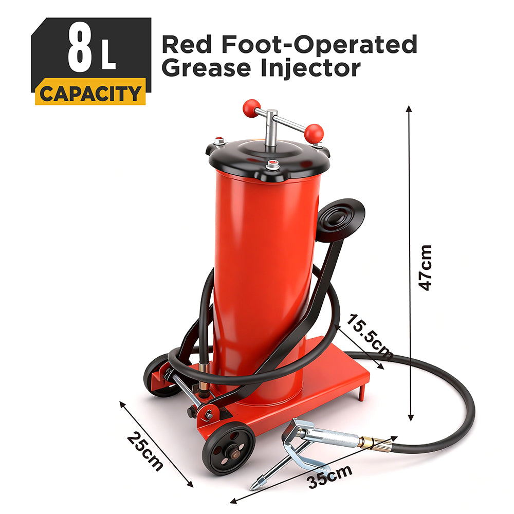 8L foot-operated grease injector with heavy-duty hose and metal grease nozzle