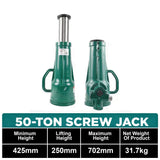 50 ton heavy duty screw jack with reinforced base, safety warning line and high lift range for trucks, machinery and industrial lifting
