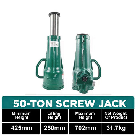 50 ton heavy duty screw jack with reinforced base, safety warning line and high lift range for trucks, machinery and industrial lifting
