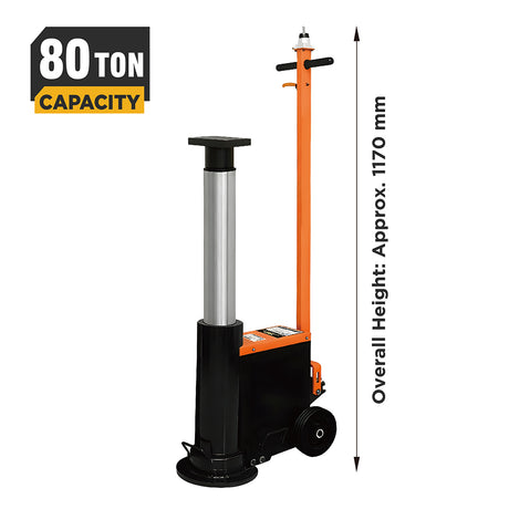 80 ton pneumatic hydraulic jack with long handle, heavy duty lift cylinder and wheels for trucks, trailers and industrial workshop lifting