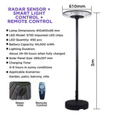 solar floor standing garden light with radar sensor remote control IP65 waterproof outdoor patio light multi size