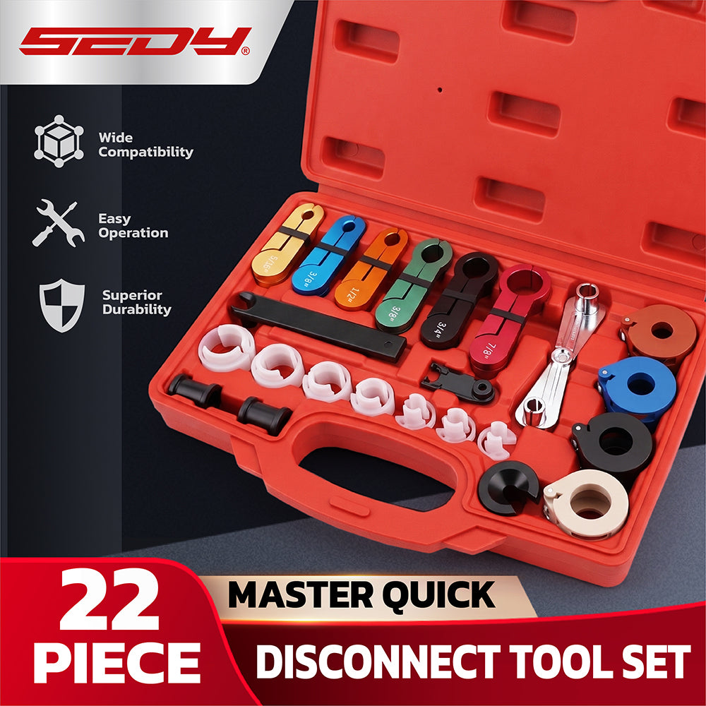 22-piece automotive quick disconnect tool set for A/C, fuel, transmission and oil cooler lines with multiple sizes and storage case