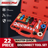 22-piece automotive quick disconnect tool set for A/C, fuel, transmission and oil cooler lines with multiple sizes and storage case
