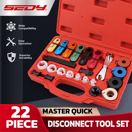 22-piece automotive quick disconnect tool set for A/C, fuel, transmission and oil cooler lines with multiple sizes and storage case