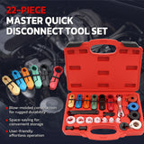 22-piece automotive quick disconnect tool set for A/C, fuel, transmission and oil cooler lines with multiple sizes and storage case