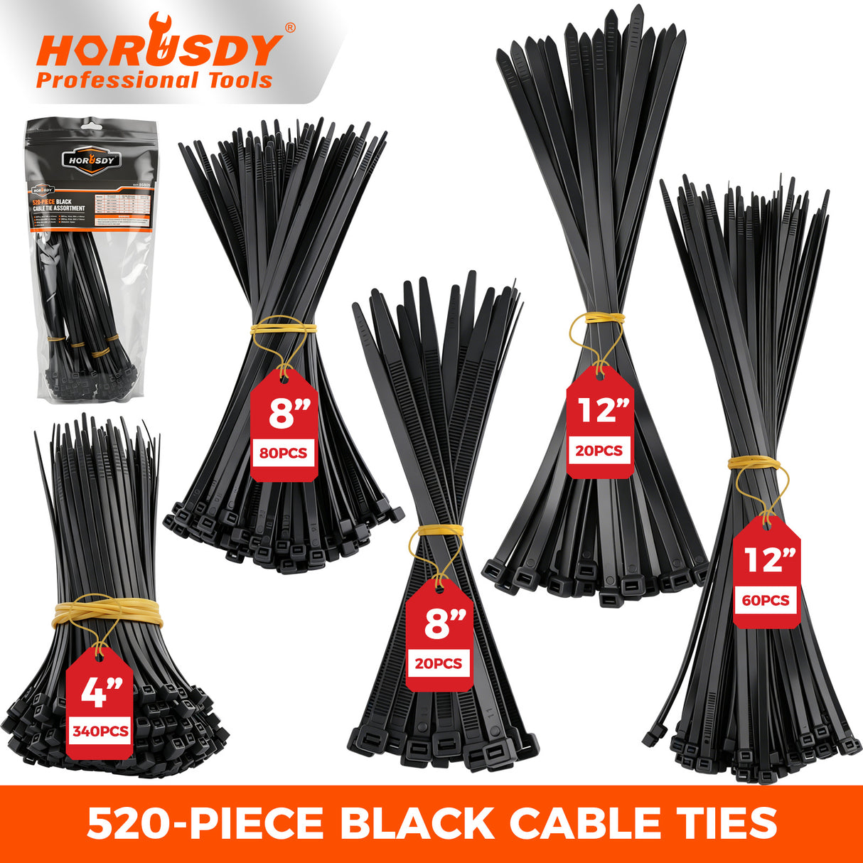 520-piece black nylon cable ties assortment in 4, 8 and 12 inch sizes with self-locking design for wire and cable management
