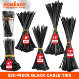 520-piece black nylon cable ties assortment in 4, 8 and 12 inch sizes with self-locking design for wire and cable management