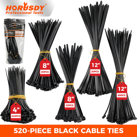 520-piece black nylon cable ties assortment in 4, 8 and 12 inch sizes with self-locking design for wire and cable management