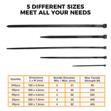 520-piece black nylon cable ties assortment in 4, 8 and 12 inch sizes with self-locking design for wire and cable management