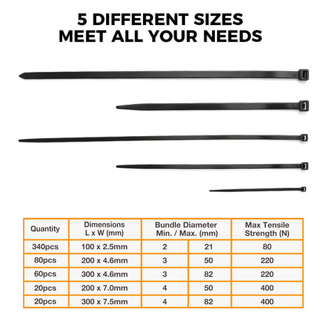 520-piece black nylon cable ties assortment in 4, 8 and 12 inch sizes with self-locking design for wire and cable management