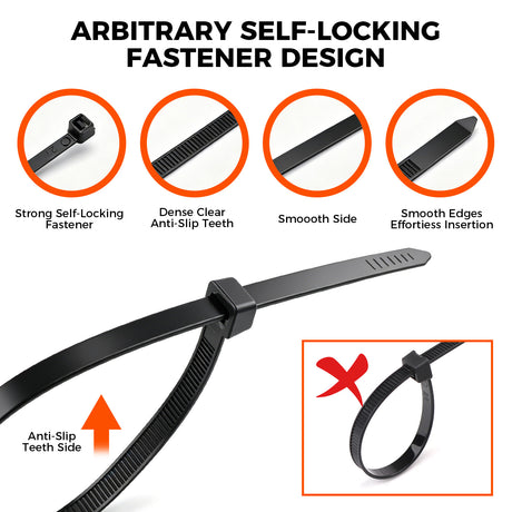 520-piece black nylon cable ties assortment in 4, 8 and 12 inch sizes with self-locking design for wire and cable management