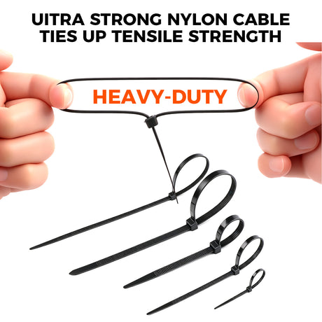 520-piece black nylon cable ties assortment in 4, 8 and 12 inch sizes with self-locking design for wire and cable management