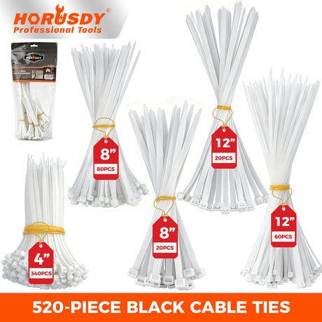 520-piece white nylon cable ties assortment in 4, 8 and 12 inch sizes with self-locking design for cable management