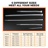 520-piece white nylon cable ties assortment in 4, 8 and 12 inch sizes with self-locking design for cable management