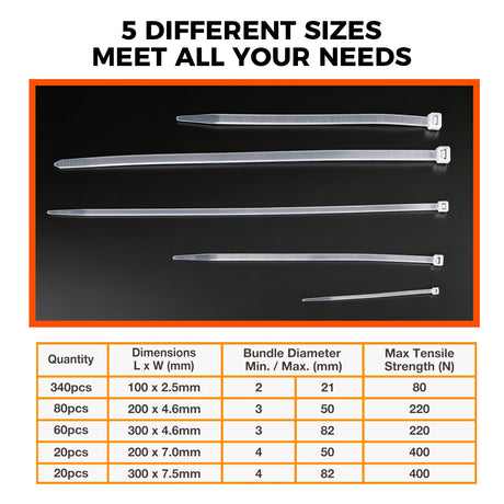 520-piece white nylon cable ties assortment in 4, 8 and 12 inch sizes with self-locking design for cable management