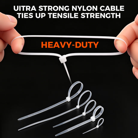 520-piece white nylon cable ties assortment in 4, 8 and 12 inch sizes with self-locking design for cable management
