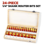 24-piece 1/4 inch shank router bits set in wooden storage case with straight, flush trim, round over, cove, chamfer, dovetail, mortising, slot cutter and grooving bits for woodworking