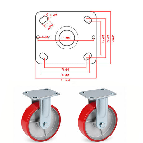 6 inch heavy duty fixed caster wheel with red PU iron core wheel, steel plate mount and 1720 lb load capacity
