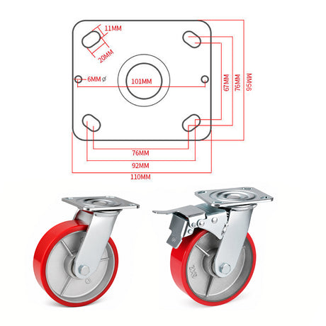 6 inch heavy duty swivel caster wheel with red PU iron core wheel, steel plate mount and brake or no-brake options