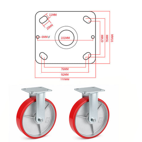 8 inch heavy duty fixed caster wheel with red PU iron core wheel, steel plate mount and 1720 lb load capacity