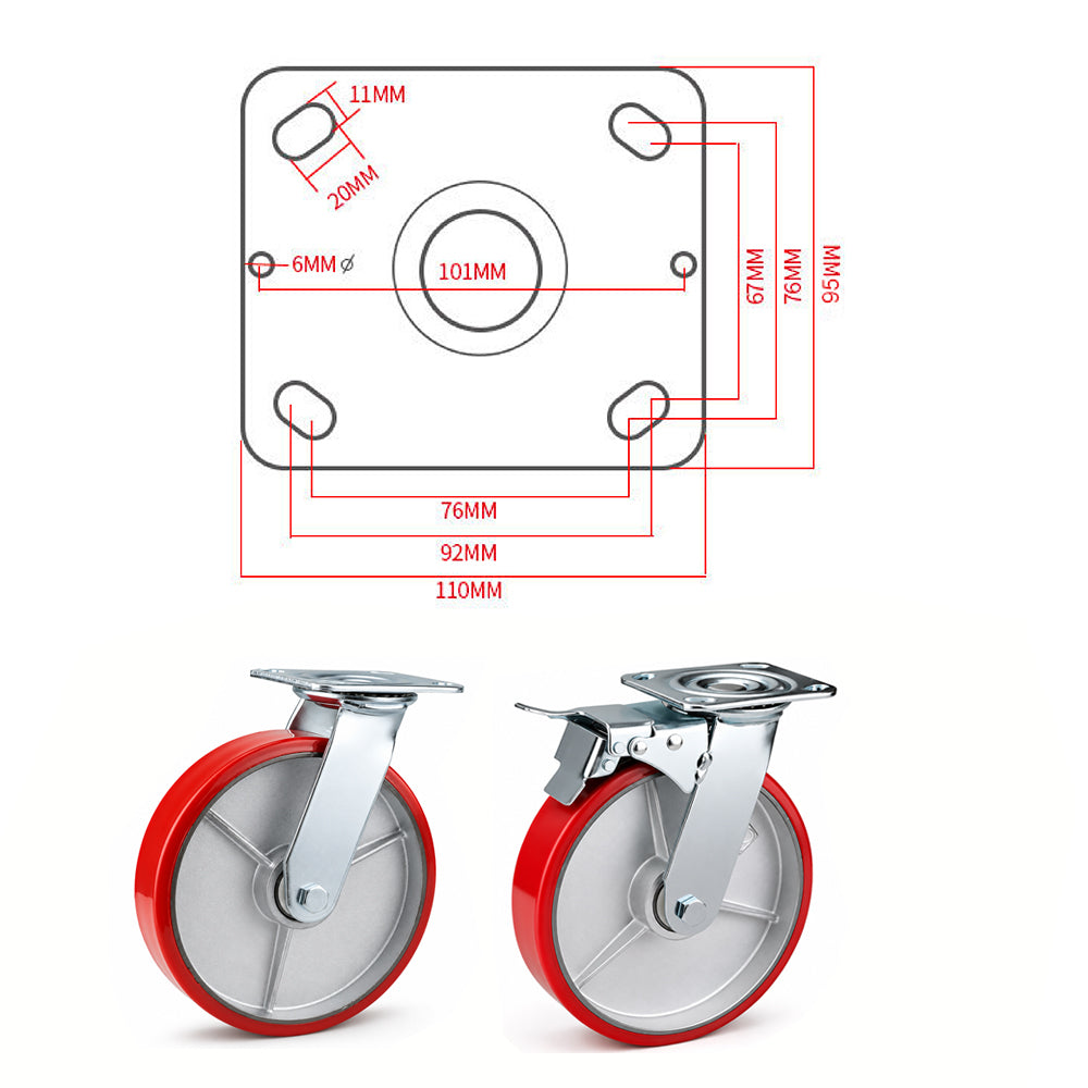8 inch heavy duty swivel caster wheel with red PU iron core wheel, steel plate mount and brake or no-brake options