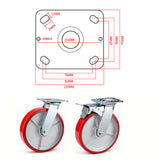 8 inch heavy duty swivel caster wheel with red PU iron core wheel, steel plate mount and brake or no-brake options