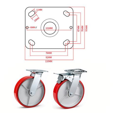 8 inch heavy duty swivel caster wheel with red PU iron core wheel, steel plate mount and brake or no-brake options