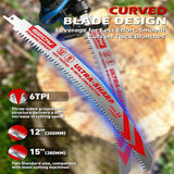 6-pack curved wood pruning reciprocating saw blades with three 12-inch and three 15-inch 6 TPI bi-metal blades for tree trimming and branch cutting