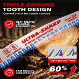 6-pack curved wood pruning reciprocating saw blades with three 12-inch and three 15-inch 6 TPI bi-metal blades for tree trimming and branch cutting
