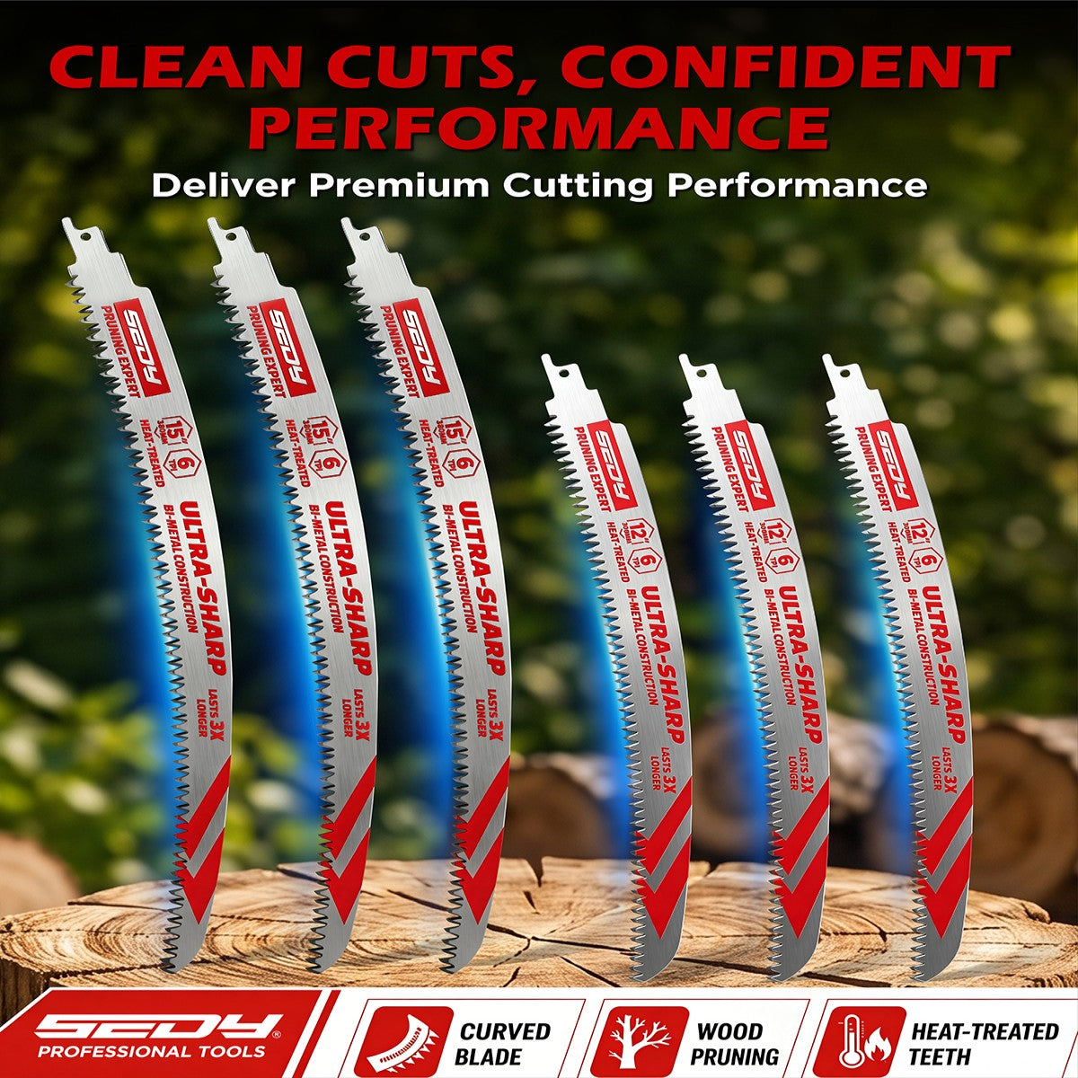 6-pack curved wood pruning reciprocating saw blades with three 12-inch and three 15-inch 6 TPI bi-metal blades for tree trimming and branch cutting