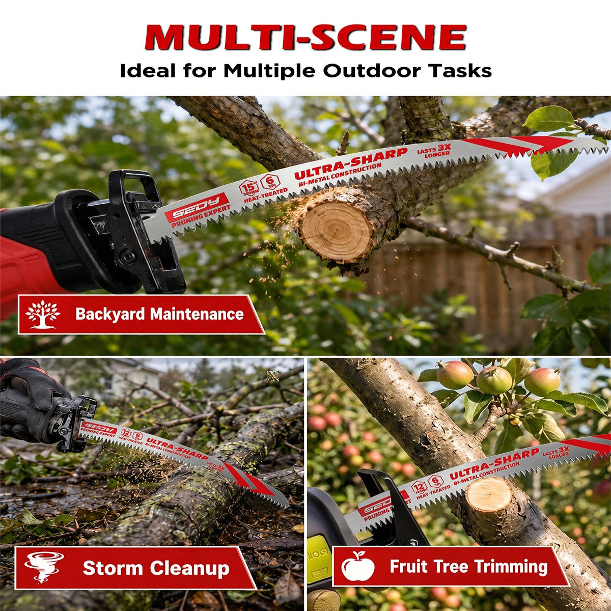 6-pack curved wood pruning reciprocating saw blades with three 12-inch and three 15-inch 6 TPI bi-metal blades for tree trimming and branch cutting